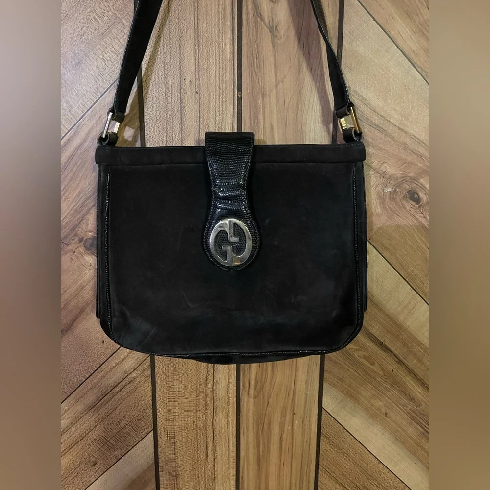 Vintage Gucci Blondie 1970’s Black Suede Leather Shoulder Bag GG Logo - Picture 3 of 15